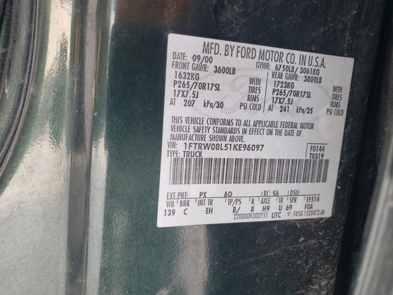 Photo 10 from auction – 2001 FORD F150 SUPER with VIN 1FTRW08L51KE96097