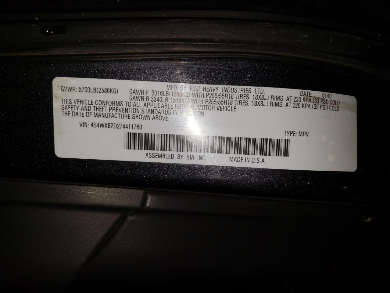 Photo 10 from auction – 2007 SUBARU B9 TRIBECA with VIN 4S4WX82D274411760