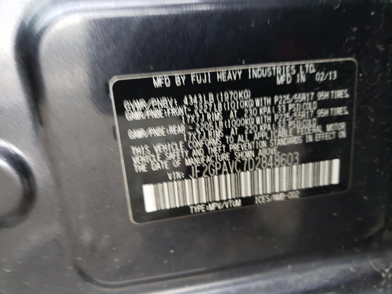 Photo 10 from auction – 2013 SUBARU XV CROSSTR with VIN JF2GPAVC7D2848603