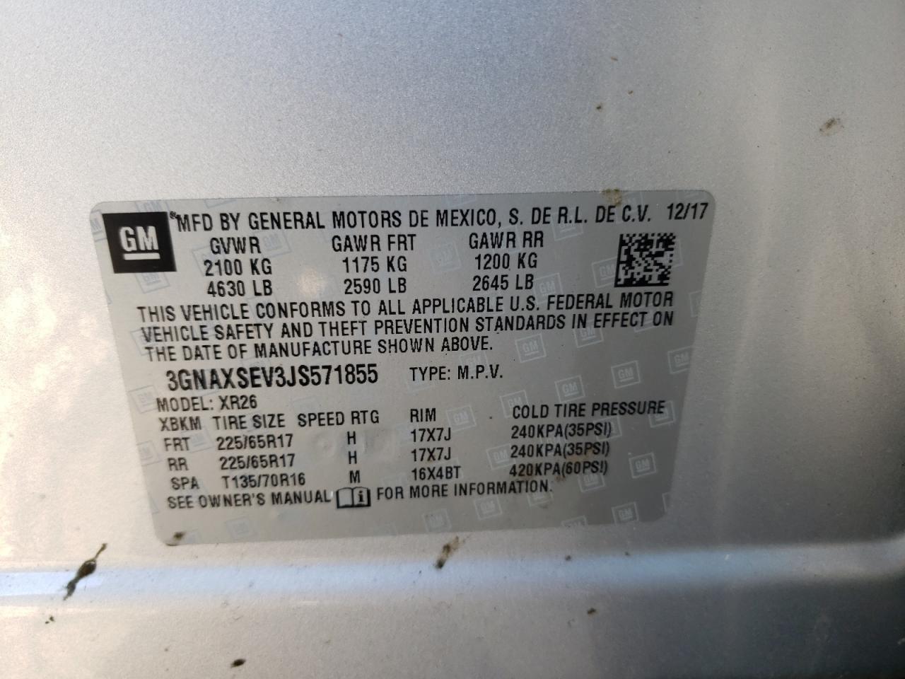 Photo 10 from auction – 2018 CHEVROLET EQUINOX LT with VIN 3GNAXSEV3JS571855