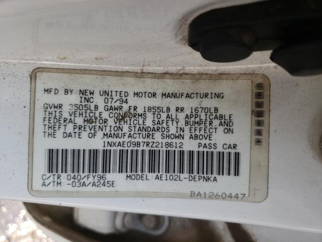 Photo 10 from auction – 1994 TOYOTA COROLLA LE with VIN 1NXAE09B7RZ218612