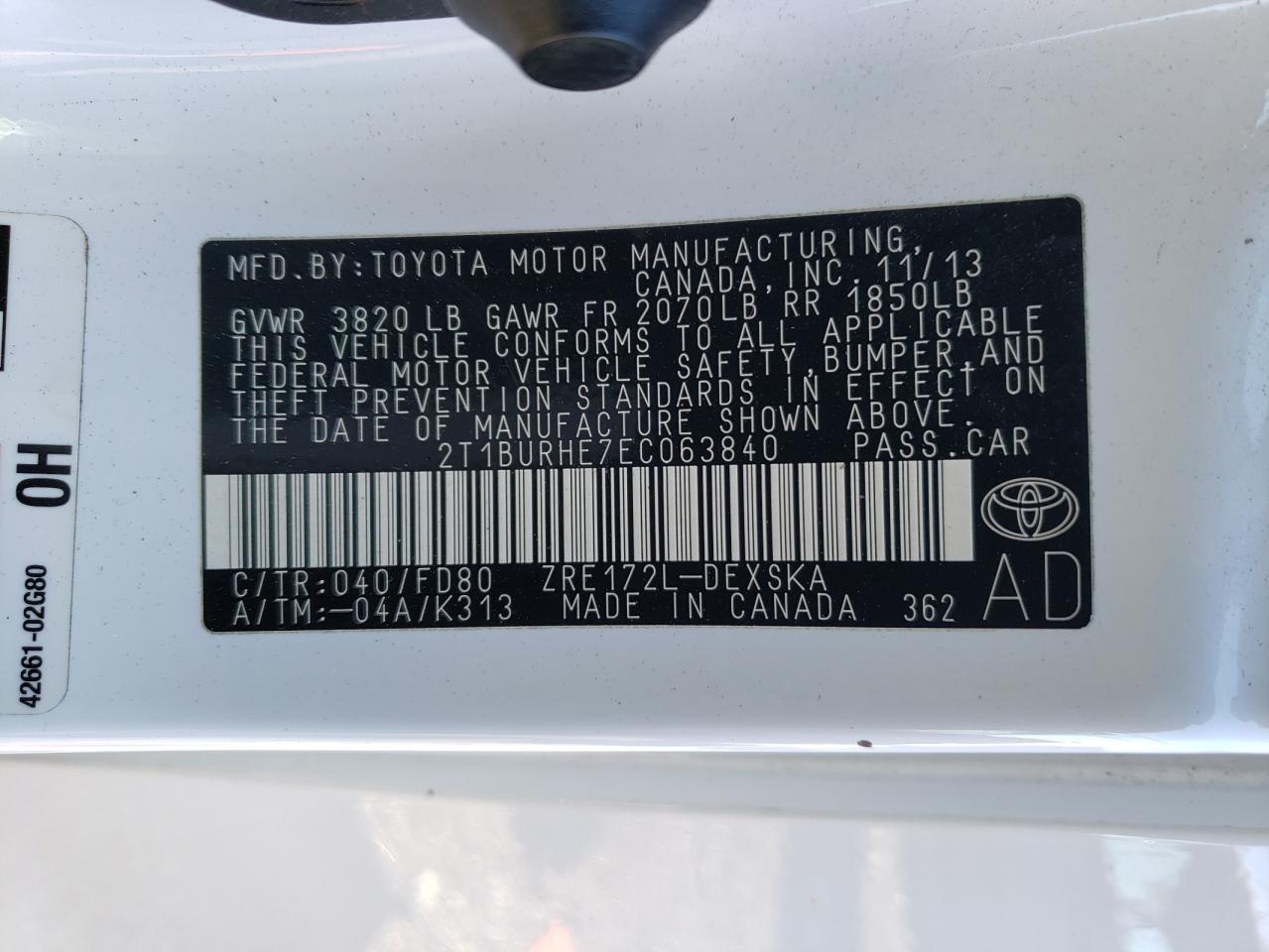 Photo 10 from auction – 2014 TOYOTA COROLLA with VIN 2T1BURHE7EC063840