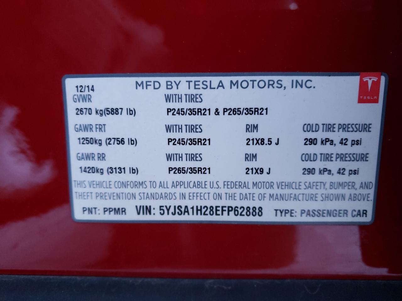 Photo 10 from auction – 2014 TESLA MODEL S with VIN 5YJSA1H28EFP62888