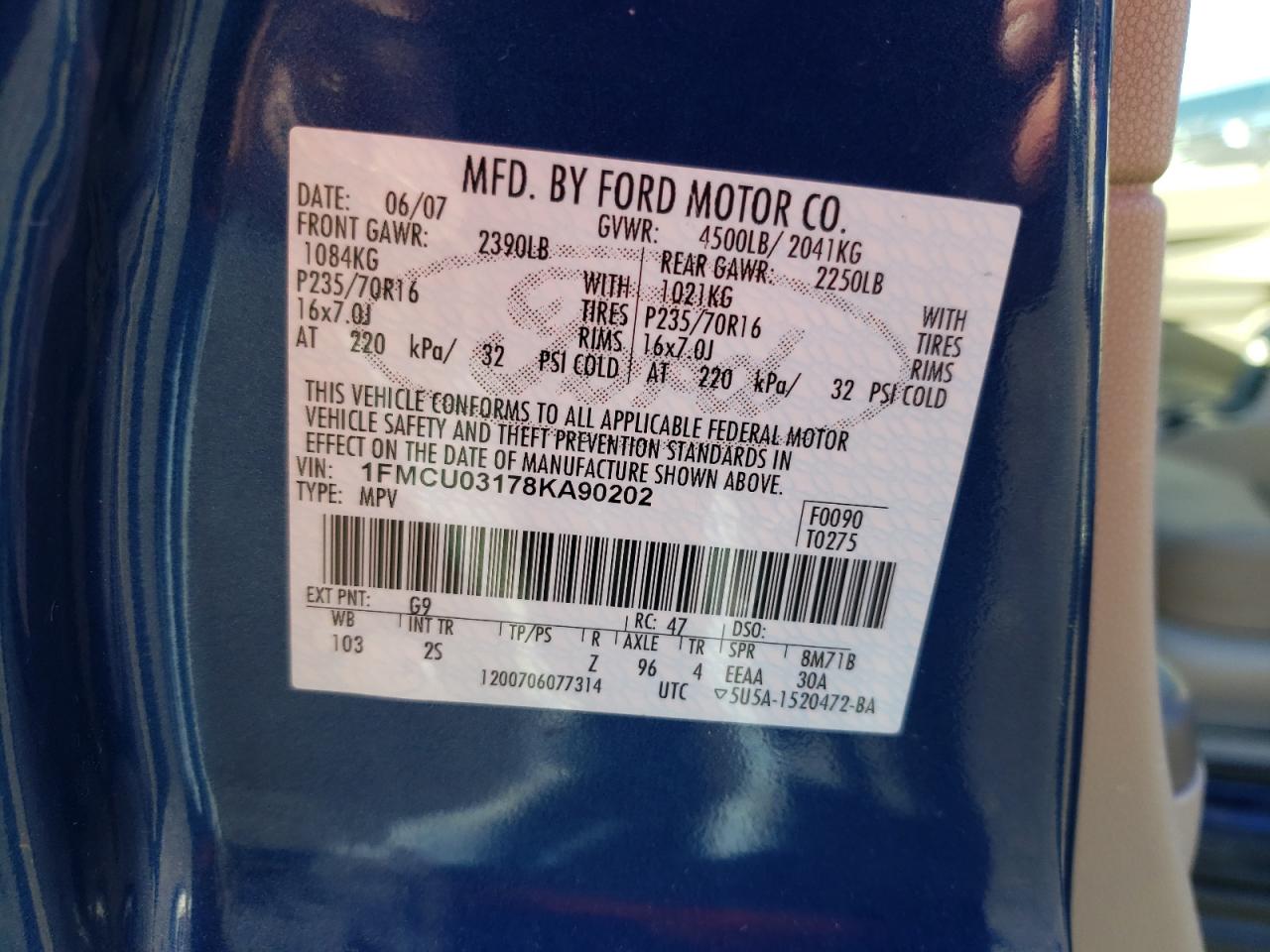 Photo 10 from auction – 2008 FORD ESCAPE XLT with VIN 1FMCU03178KA90202