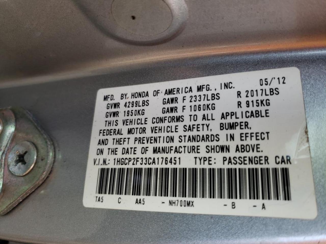 Photo 10 from auction – 2012 HONDA ACCORD LX with VIN 1HGCP2F33CA176451