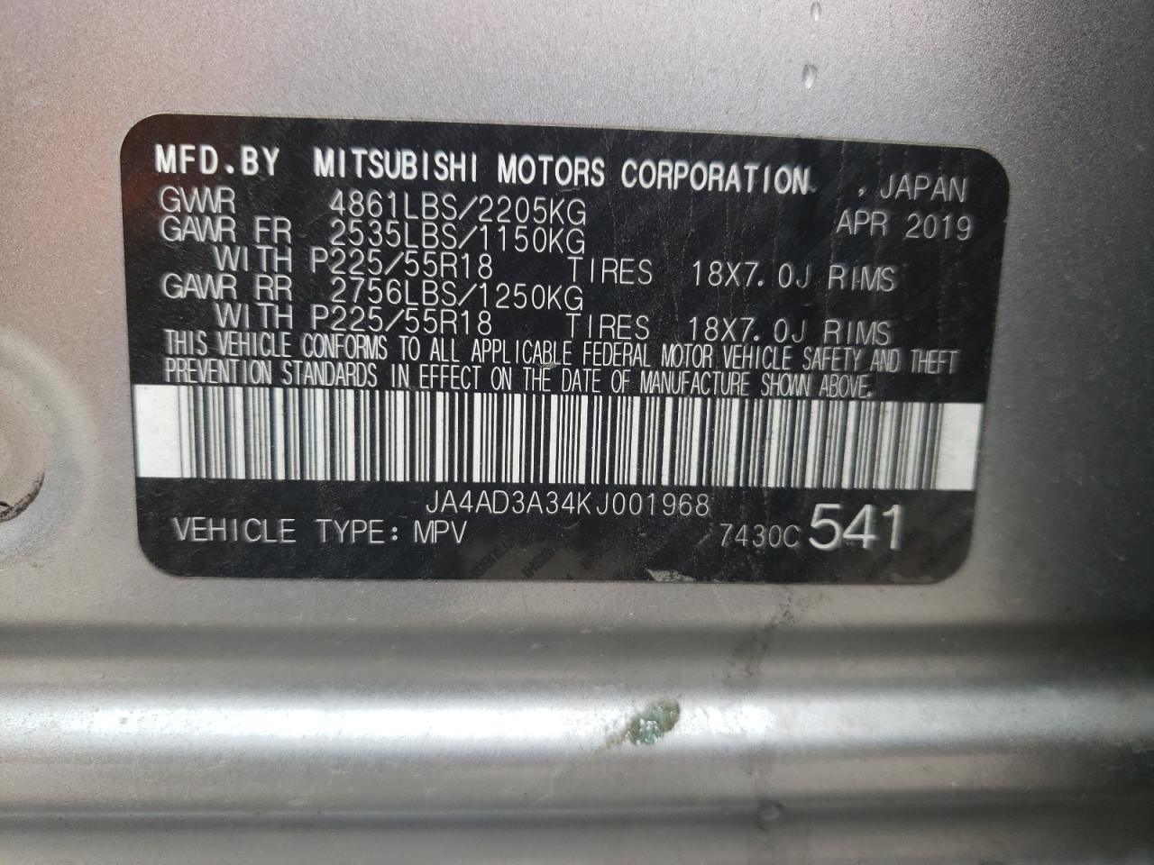 Photo 10 from auction – 2019 MITSUBISHI OUTLANDER with VIN JA4AD3A34KJ001968