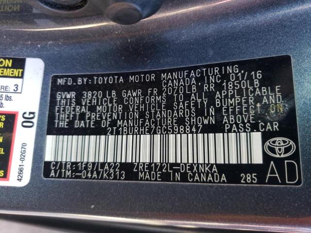 Photo 10 from auction – 2016 TOYOTA COROLLA L with VIN 2T1BURHE7GC598847