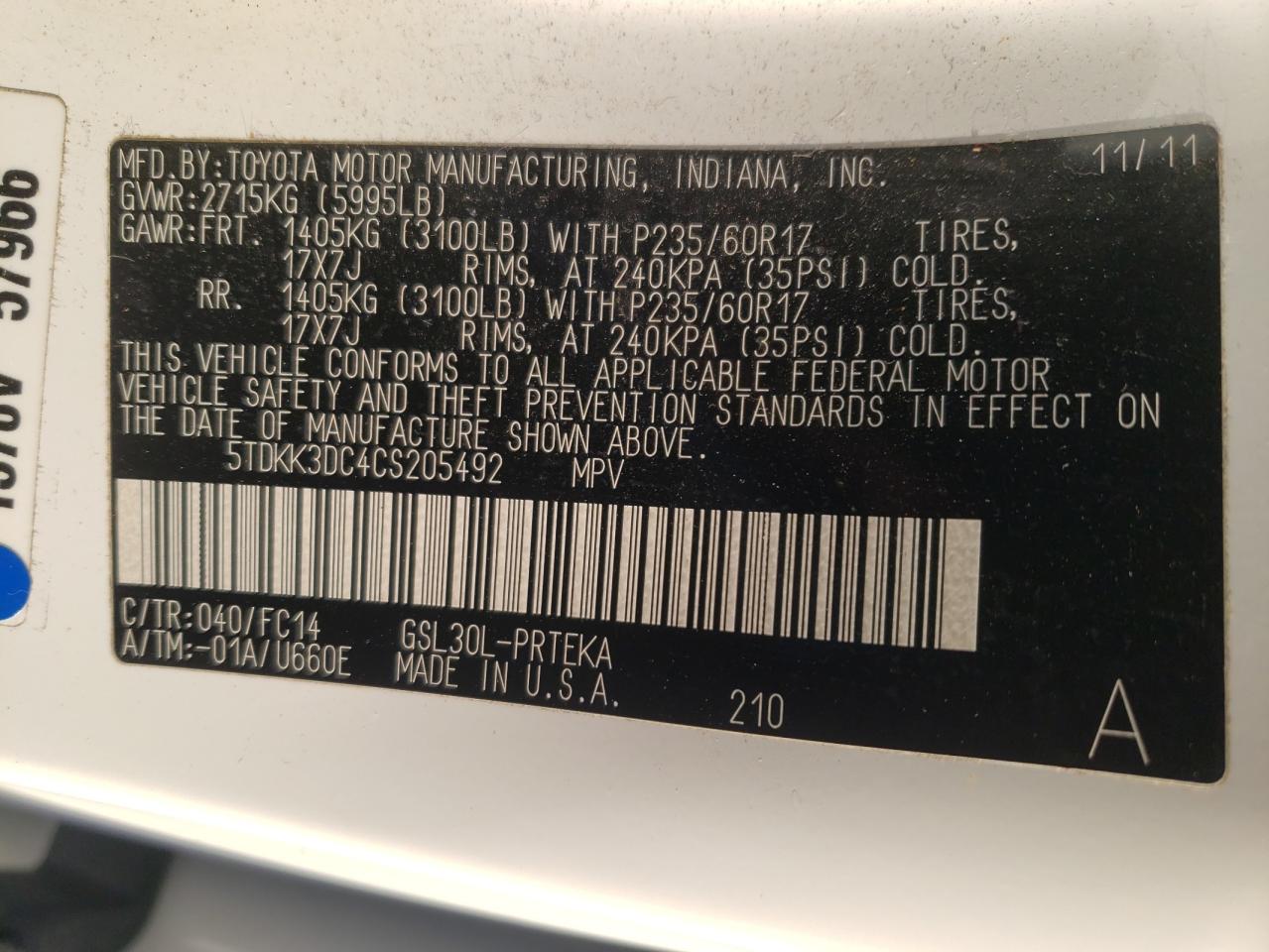 Photo 10 from auction – 2012 TOYOTA SIENNA LE with VIN 5TDKK3DC4CS205492
