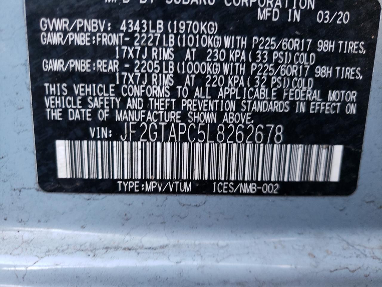 Photo 10 from auction – 2020 SUBARU CROSSTREK with VIN JF2GTAPC5L8262678