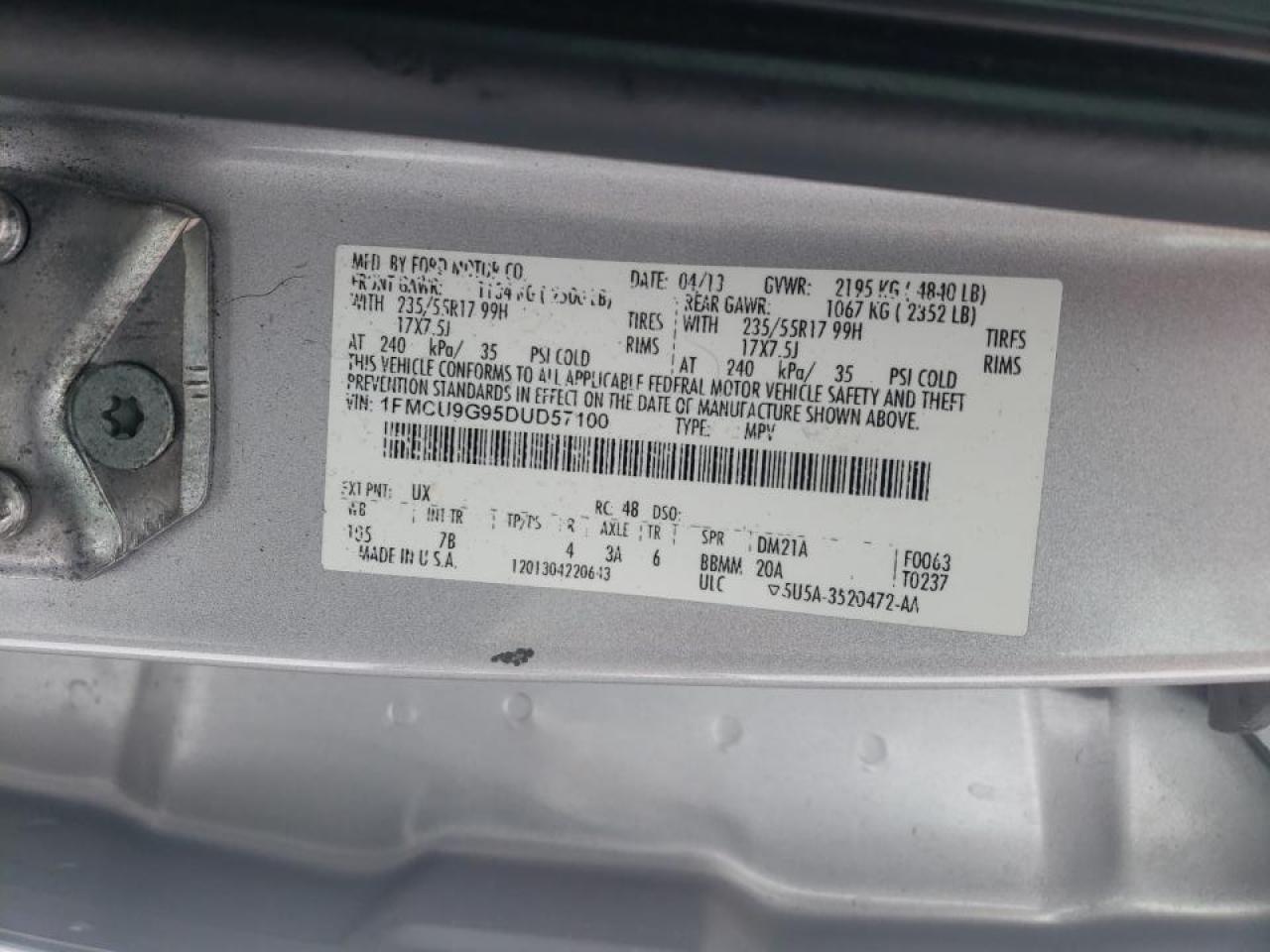 Photo 10 from auction – 2013 FORD ESCAPE SE with VIN 1FMCU9G95DUD57100
