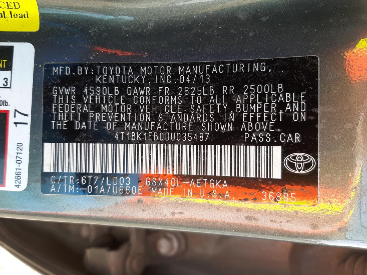 Photo 10 from auction – 2013 TOYOTA AVALON BAS with VIN 4T1BK1EB0DU035487