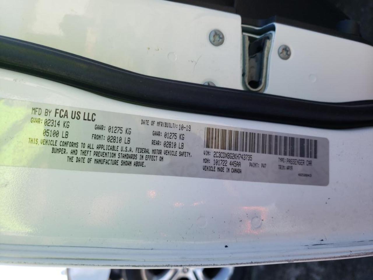 Photo 10 from auction – 2019 DODGE CHARGER SX with VIN 2C3CDXBG2KH743735