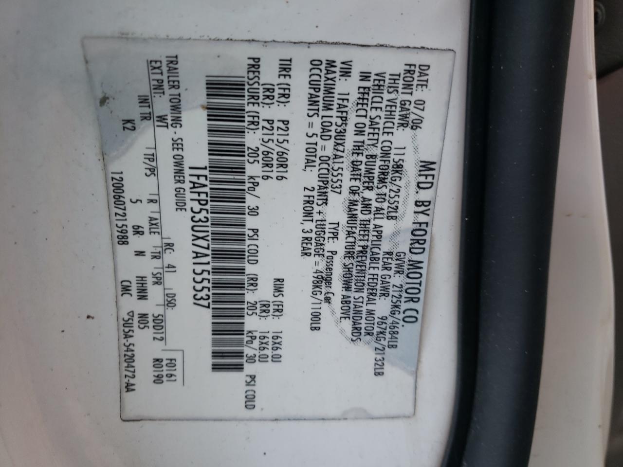 Photo 10 from auction – 2007 FORD TAURUS SE with VIN 1FAFP53UX7A155537