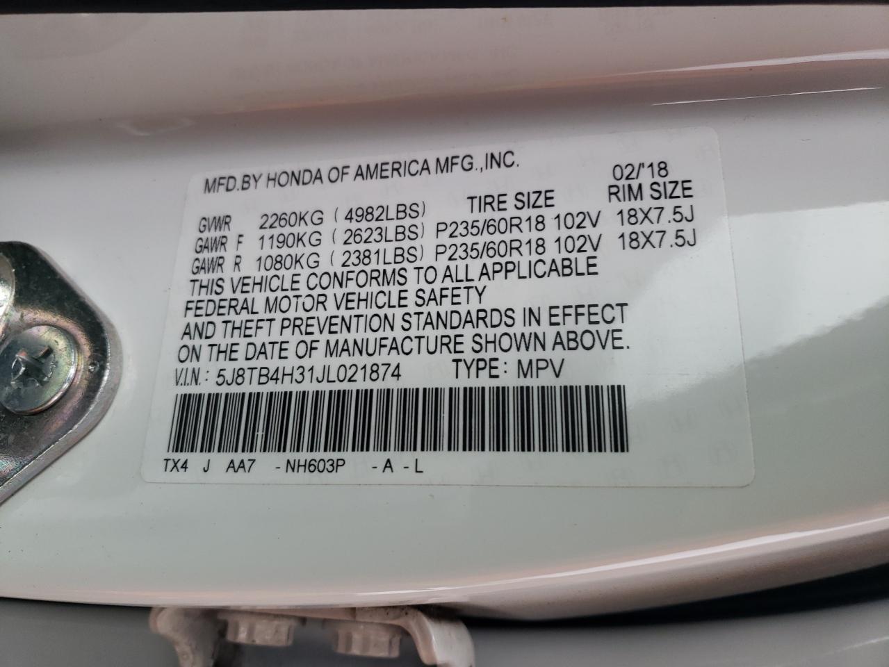 Photo 10 from auction – 2018 ACURA RDX with VIN 5J8TB4H31JL021874