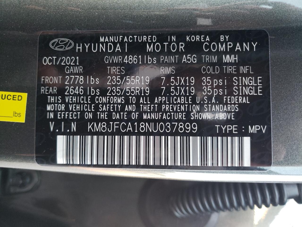 Photo 10 from auction – 2022 HYUNDAI TUCSON SEL with VIN KM8JFCA18NU037899