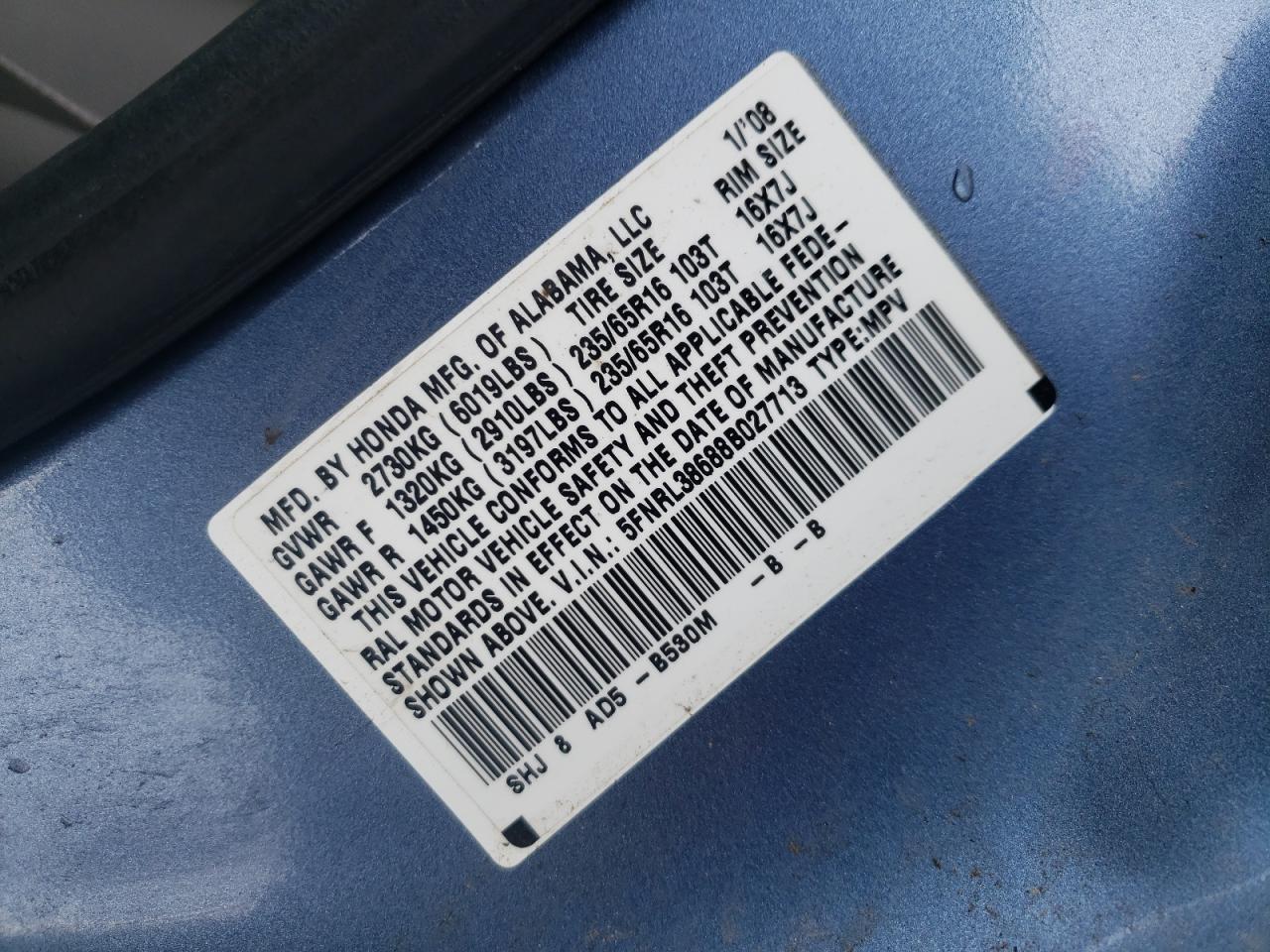 Photo 10 from auction – 2008 HONDA ODYSSEY EX with VIN 5FNRL38688B027713