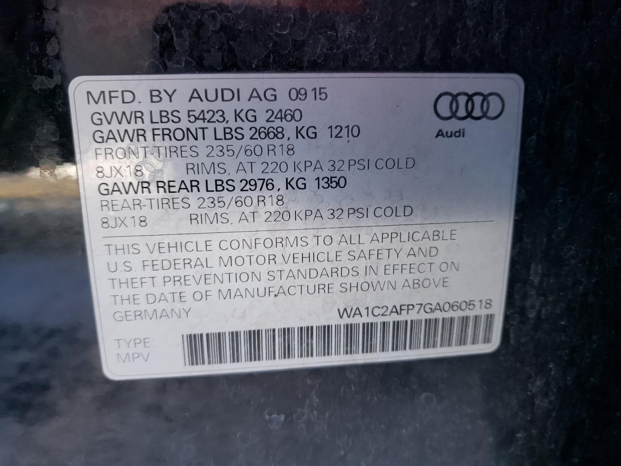 Photo 10 from auction – 2016 AUDI Q5 PREMIUM with VIN WA1C2AFP7GA060518