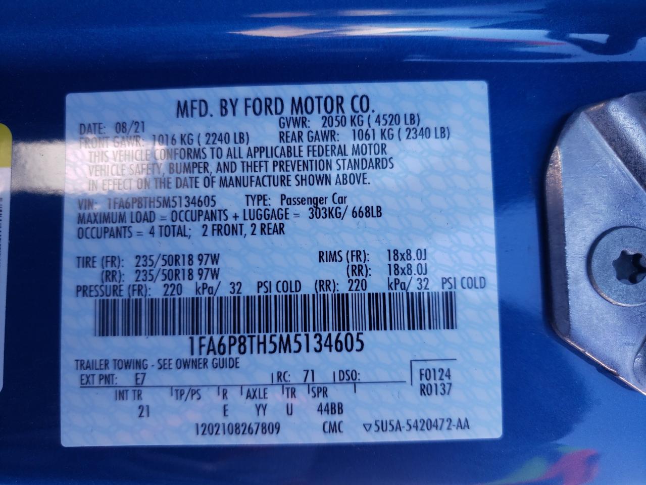 Photo 10 from auction – 2021 FORD MUSTANG with VIN 1FA6P8TH5M5134605