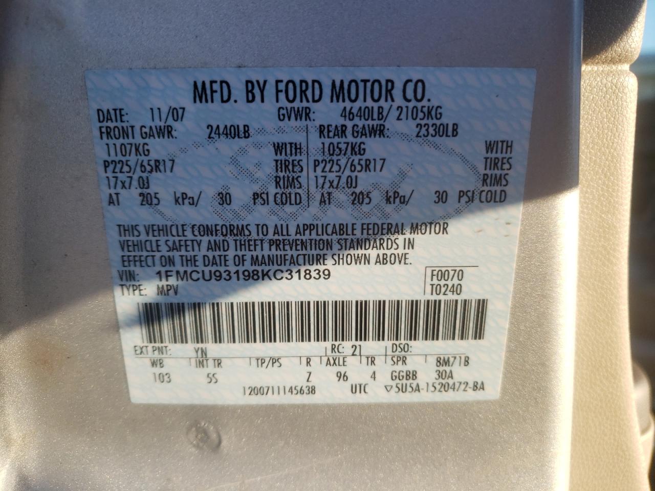 Photo 10 from auction – 2008 FORD ESCAPE XLT with VIN 1FMCU93198KC31839
