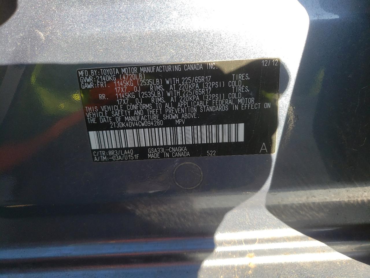 Photo 10 from auction – 2012 TOYOTA RAV4 LIMIT with VIN 2T3DK4DV4CW094280