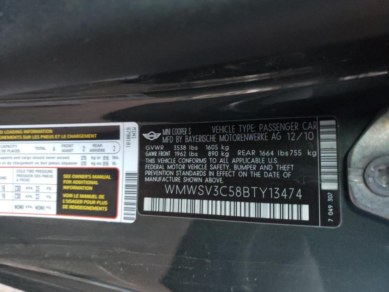 Photo 10 from auction – 2011 MINI COOPER S with VIN WMWSV3C58BTY13474