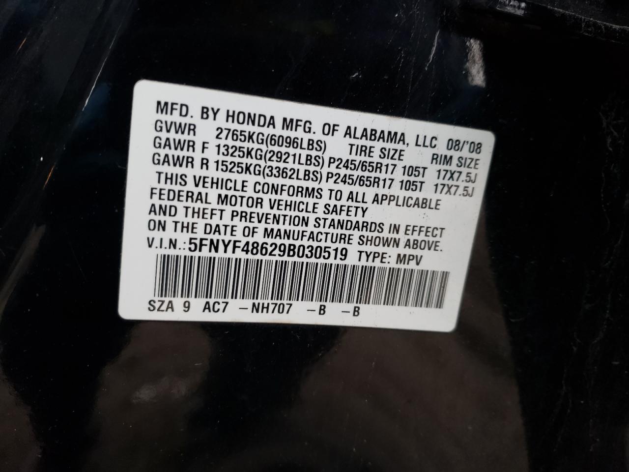 Photo 10 from auction – 2009 HONDA PILOT EXL with VIN 5FNYF48629B030519