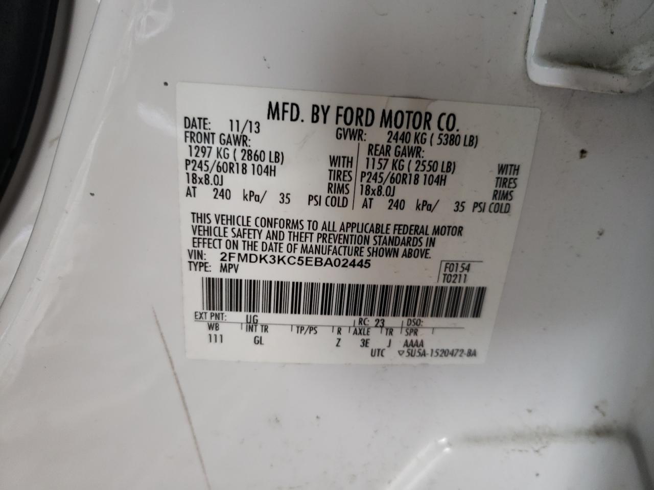 Photo 10 from auction – 2014 FORD EDGE LIMIT with VIN 2FMDK3KC5EBA02445