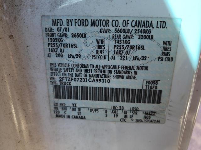 Photo 10 from auction – 2001 FORD F150 with VIN 2FTZF07231CA99310