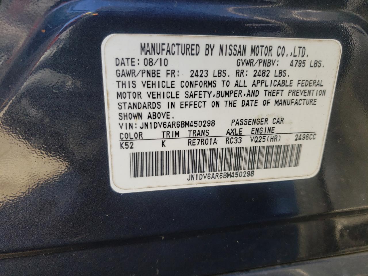 Photo 10 from auction – 2011 INFINITI G25 with VIN JN1DV6AR6BM450298