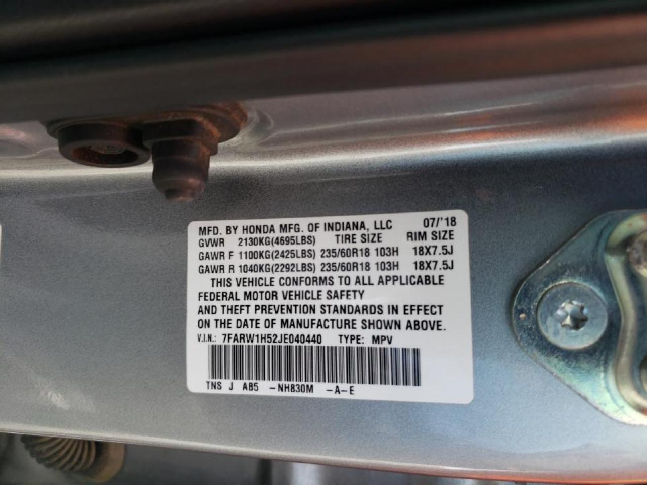 Photo 10 from auction – 2018 HONDA CR-V EX with VIN 7FARW1H52JE040440
