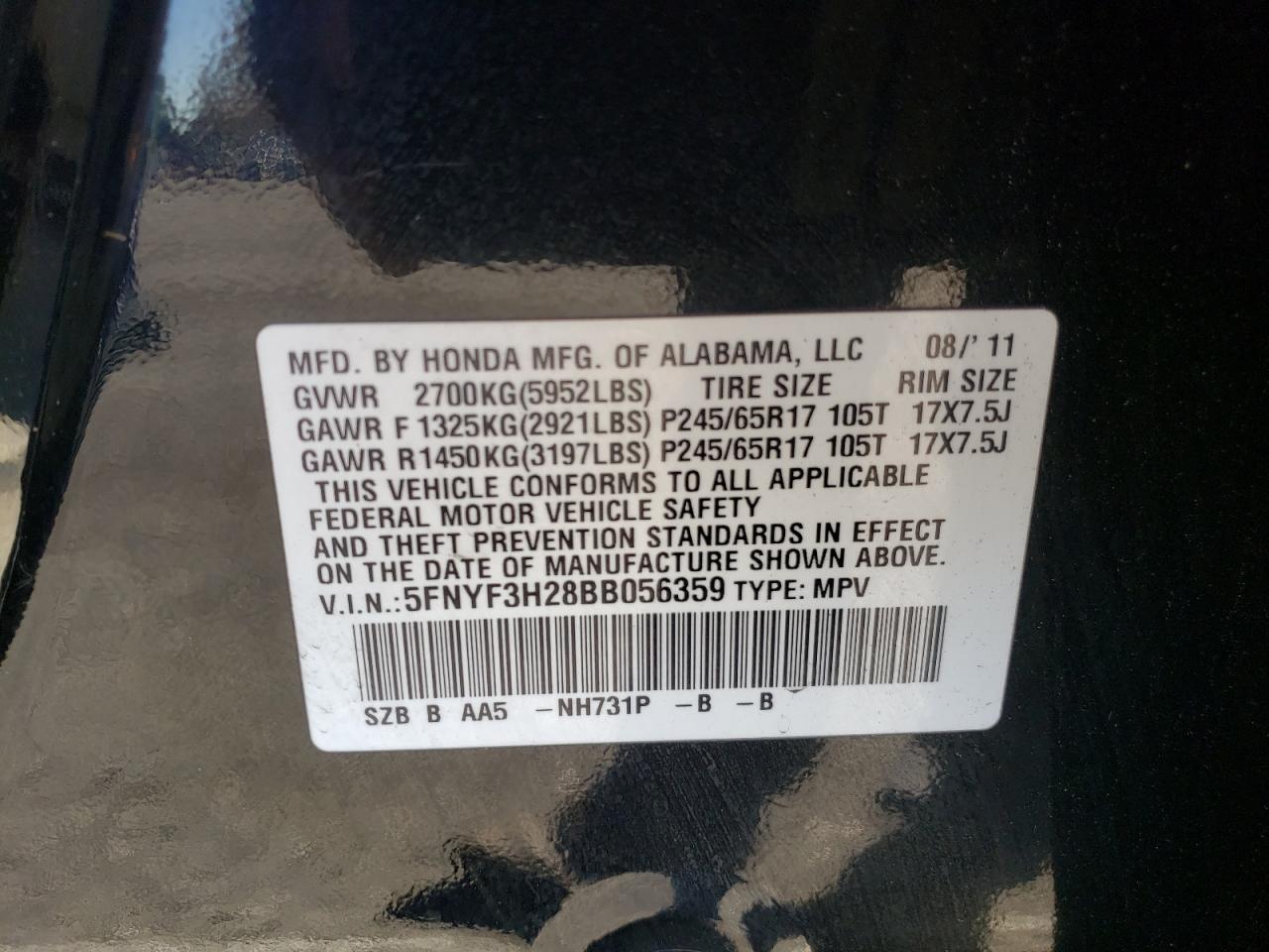 Photo 10 from auction – 2011 HONDA PILOT LX with VIN 5FNYF3H28BB056359