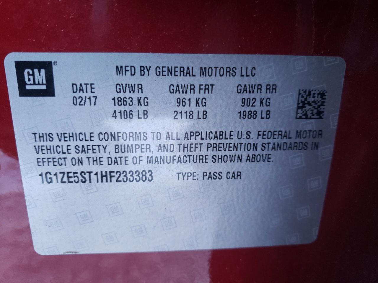 Photo 10 from auction – 2017 CHEVROLET MALIBU LT with VIN 1G1ZE5ST1HF233383