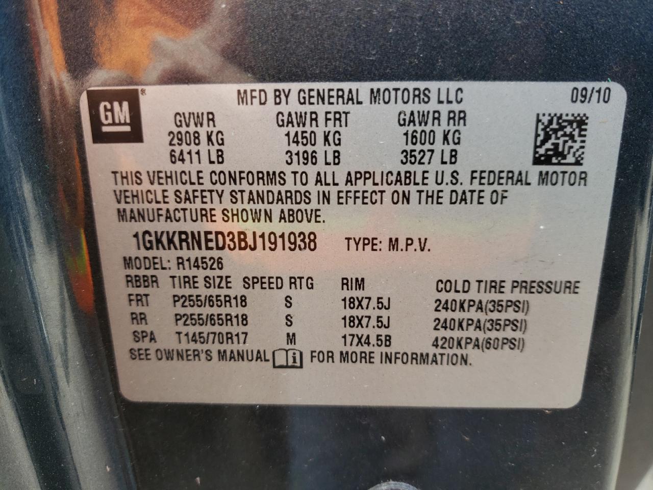 Photo 10 from auction – 2011 GMC ACADIA SLE with VIN 1GKKRNED3BJ191938
