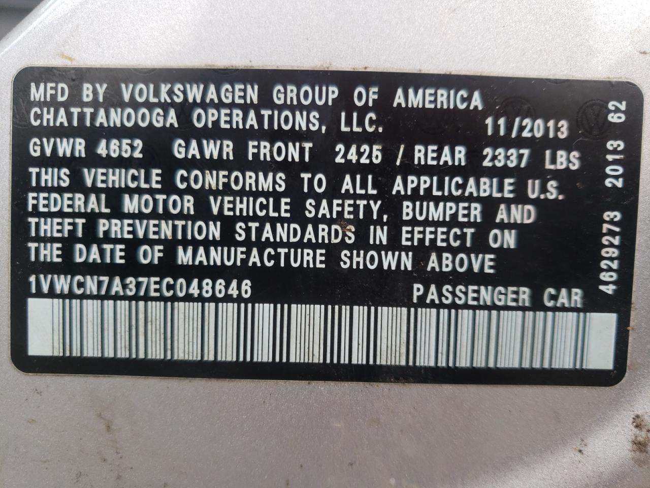 Photo 10 from auction – 2014 VOLKSWAGEN PASSAT SEL with VIN 1VWCN7A37EC048646