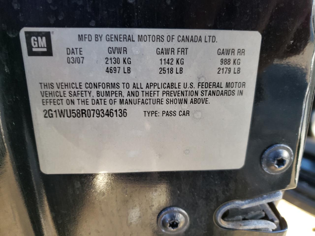 Photo 10 from auction – 2007 CHEVROLET IMPALA LTZ with VIN 2G1WU58R079346136