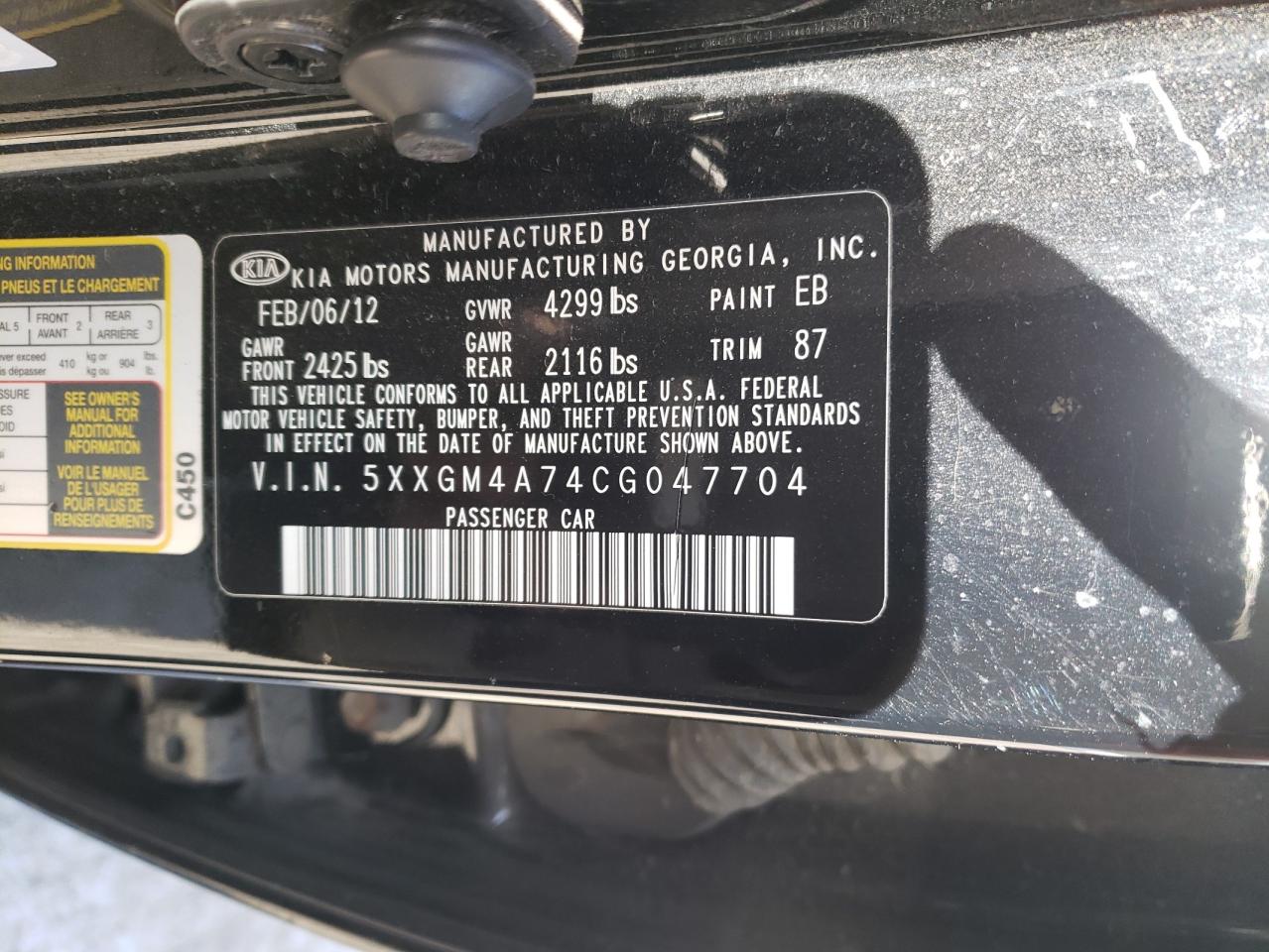 Photo 10 from auction – 2012 KIA OPTIMA LX with VIN 5XXGM4A74CG047704