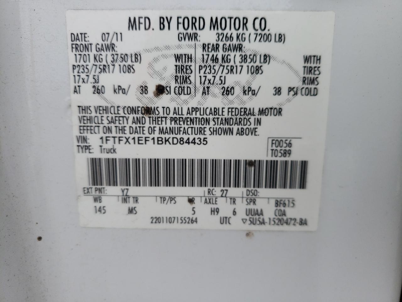 Photo 10 from auction – 2011 FORD F150 SUPER with VIN 1FTFX1EF1BKD84435