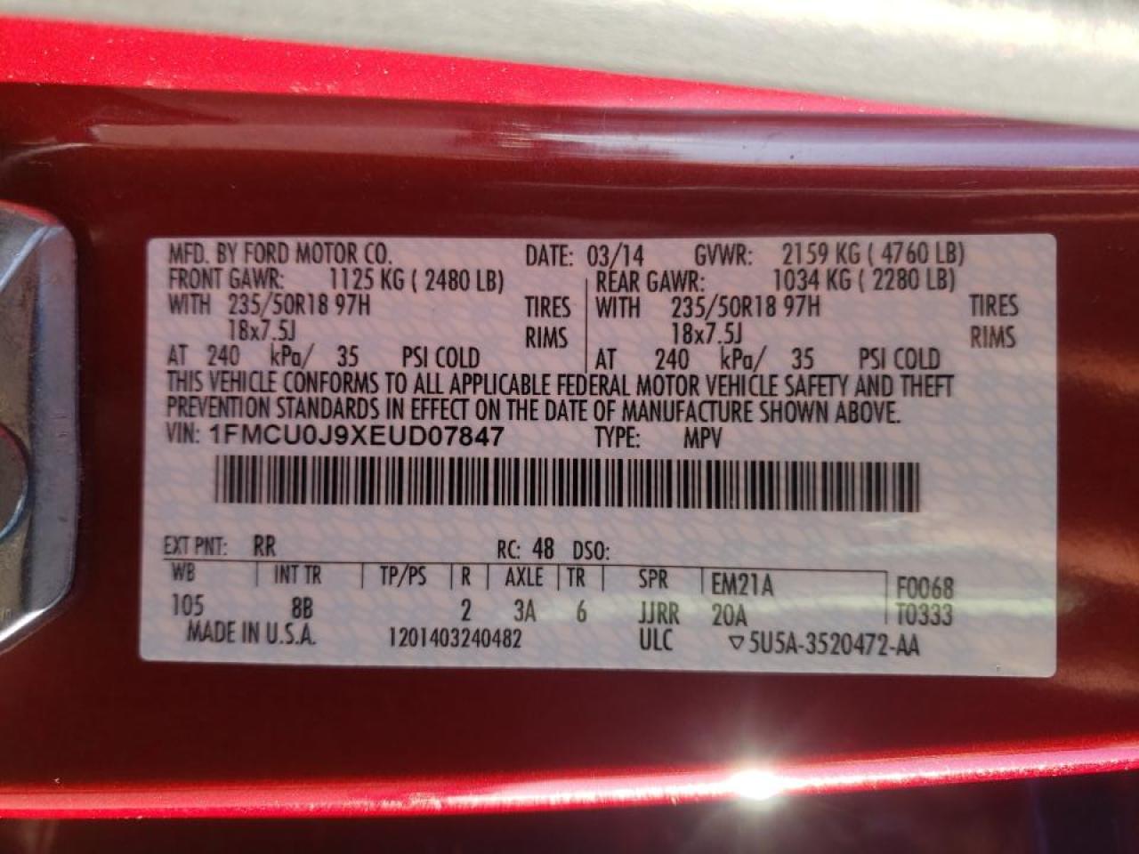 Photo 10 from auction – 2014 FORD ESCAPE TIT with VIN 1FMCU0J9XEUD07847