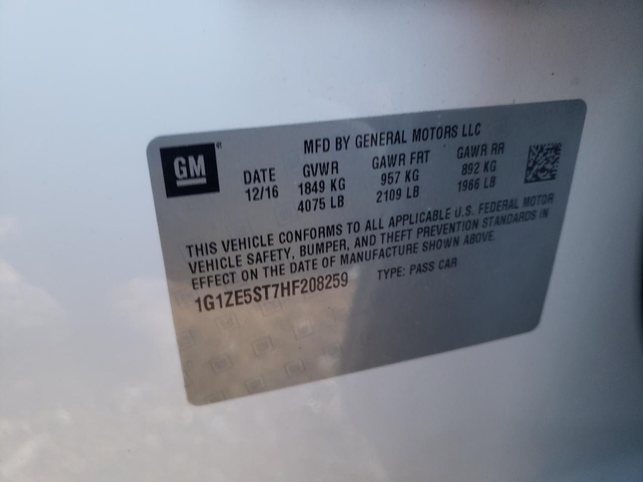 Photo 10 from auction – 2017 CHEVROLET MALIBU LT with VIN 1G1ZE5ST7HF208259