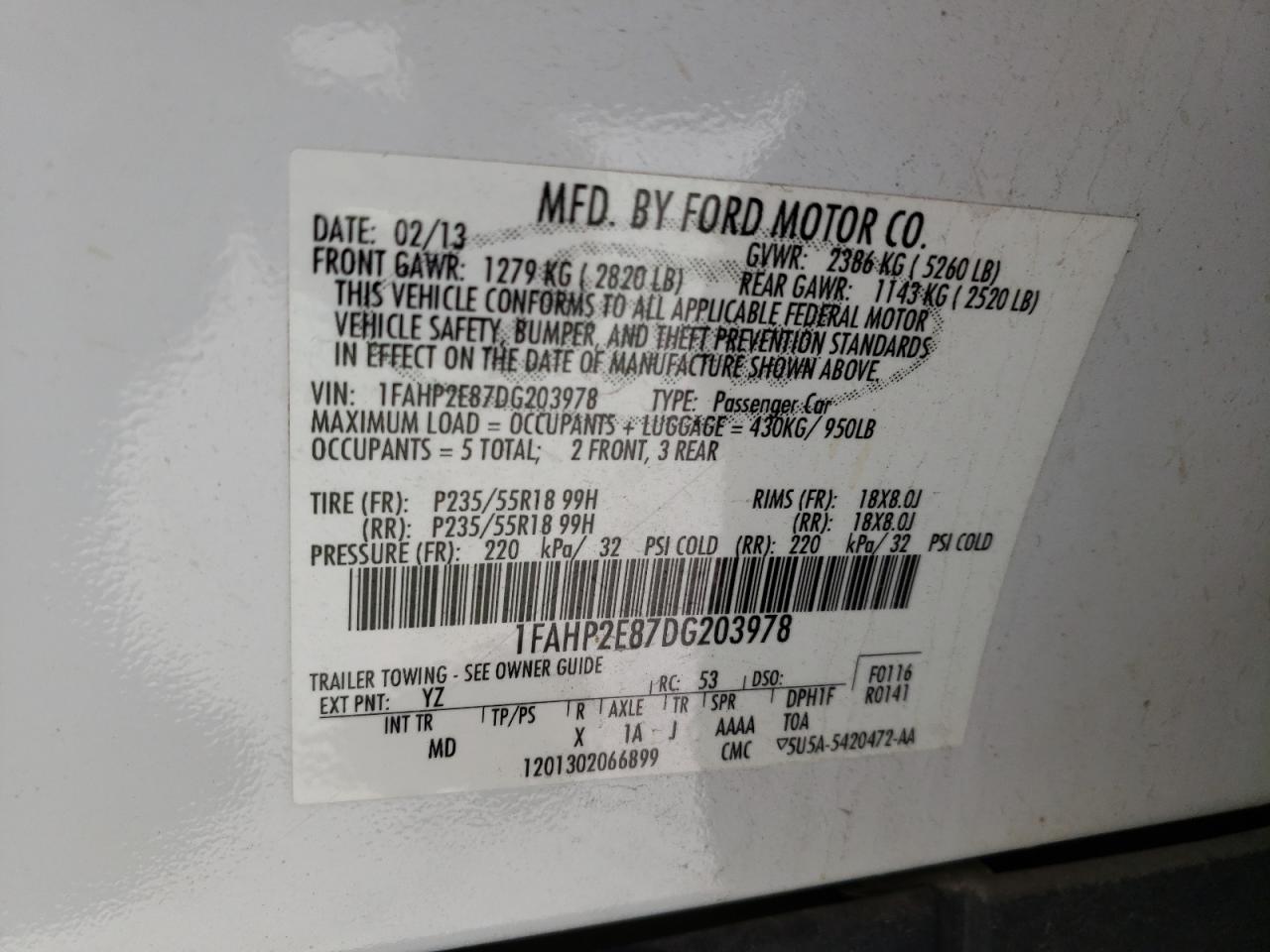 Photo 10 from auction – 2013 FORD TAURUS SEL with VIN 1FAHP2E87DG203978