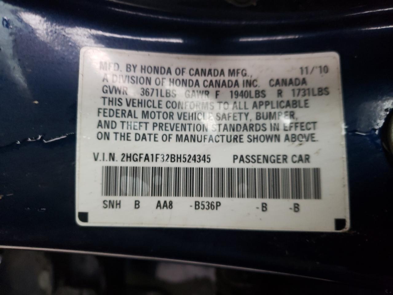 Photo 10 from auction – 2011 HONDA CIVIC VP with VIN 2HGFA1F32BH524345