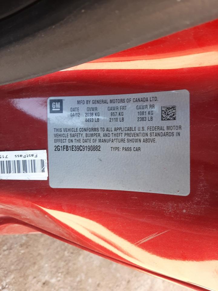 Photo 10 from auction – 2012 CHEVROLET CAMARO LT with VIN 2G1FB1E39C9190882