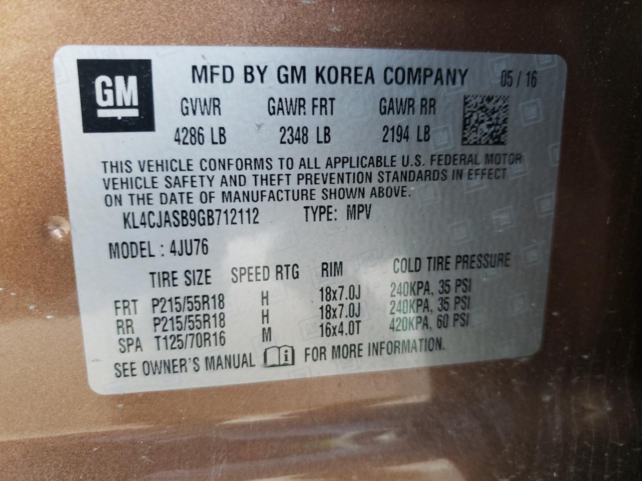 Photo 10 from auction – 2016 BUICK ENCORE with VIN KL4CJASB9GB712112