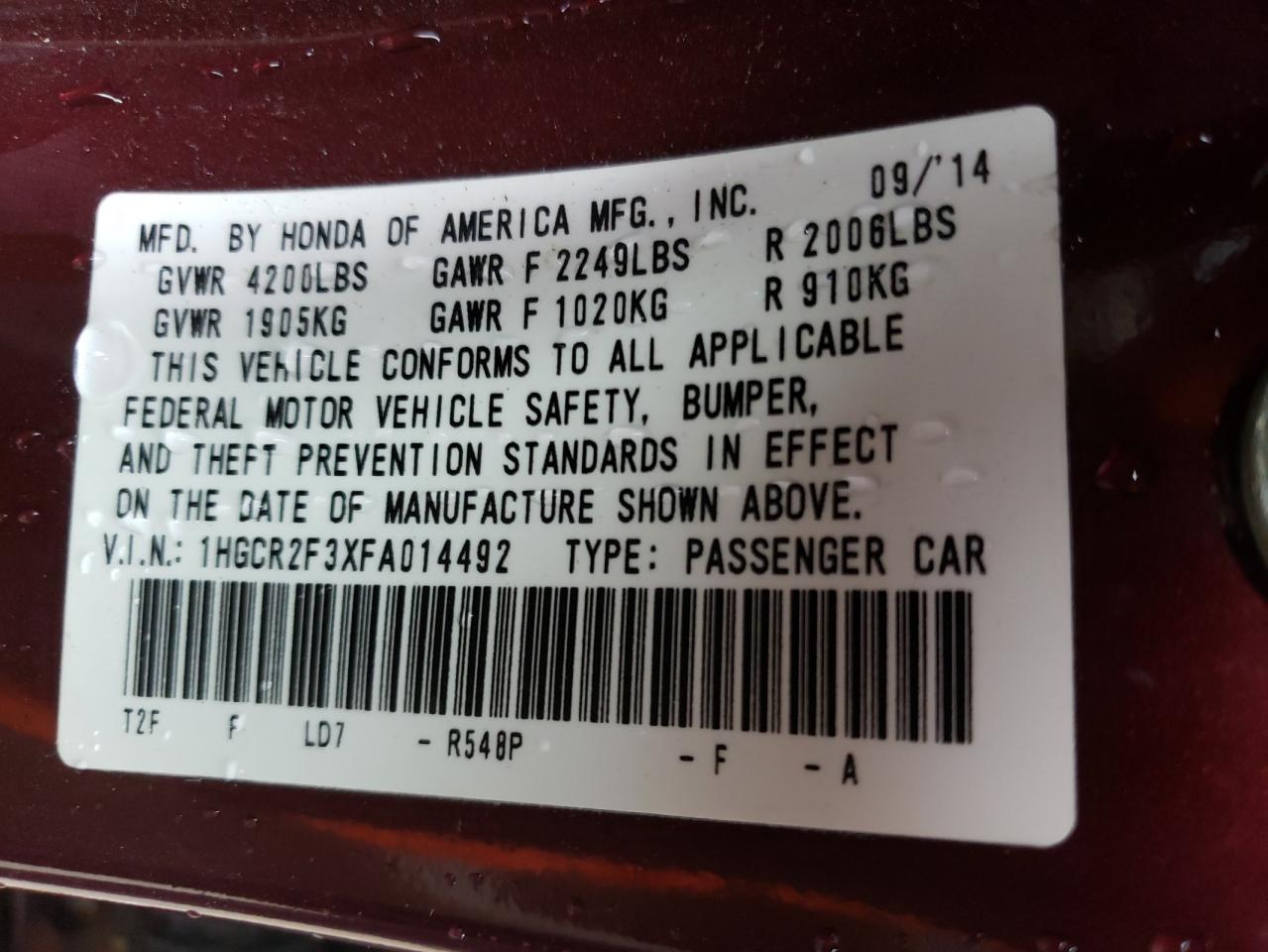 Photo 10 from auction – 2015 HONDA ACCORD LX with VIN 1HGCR2F3XFA014492