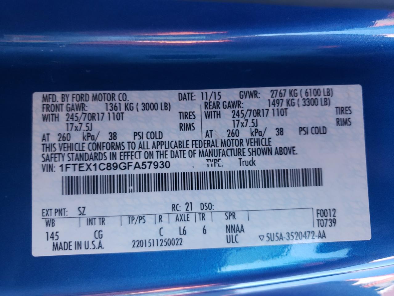 Photo 10 from auction – 2016 FORD F150 SUPER with VIN 1FTEX1C89GFA57930