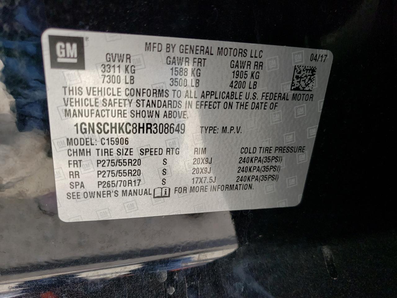 Photo 10 from auction – 2017 CHEVROLET SUBURBAN C with VIN 1GNSCHKC8HR308649