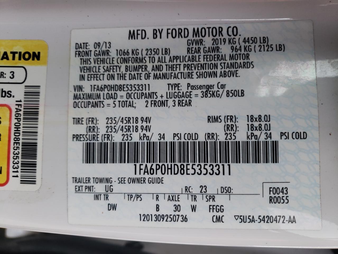 Photo 10 from auction – 2014 FORD FUSION SE with VIN 1FA6P0HD8E5353311