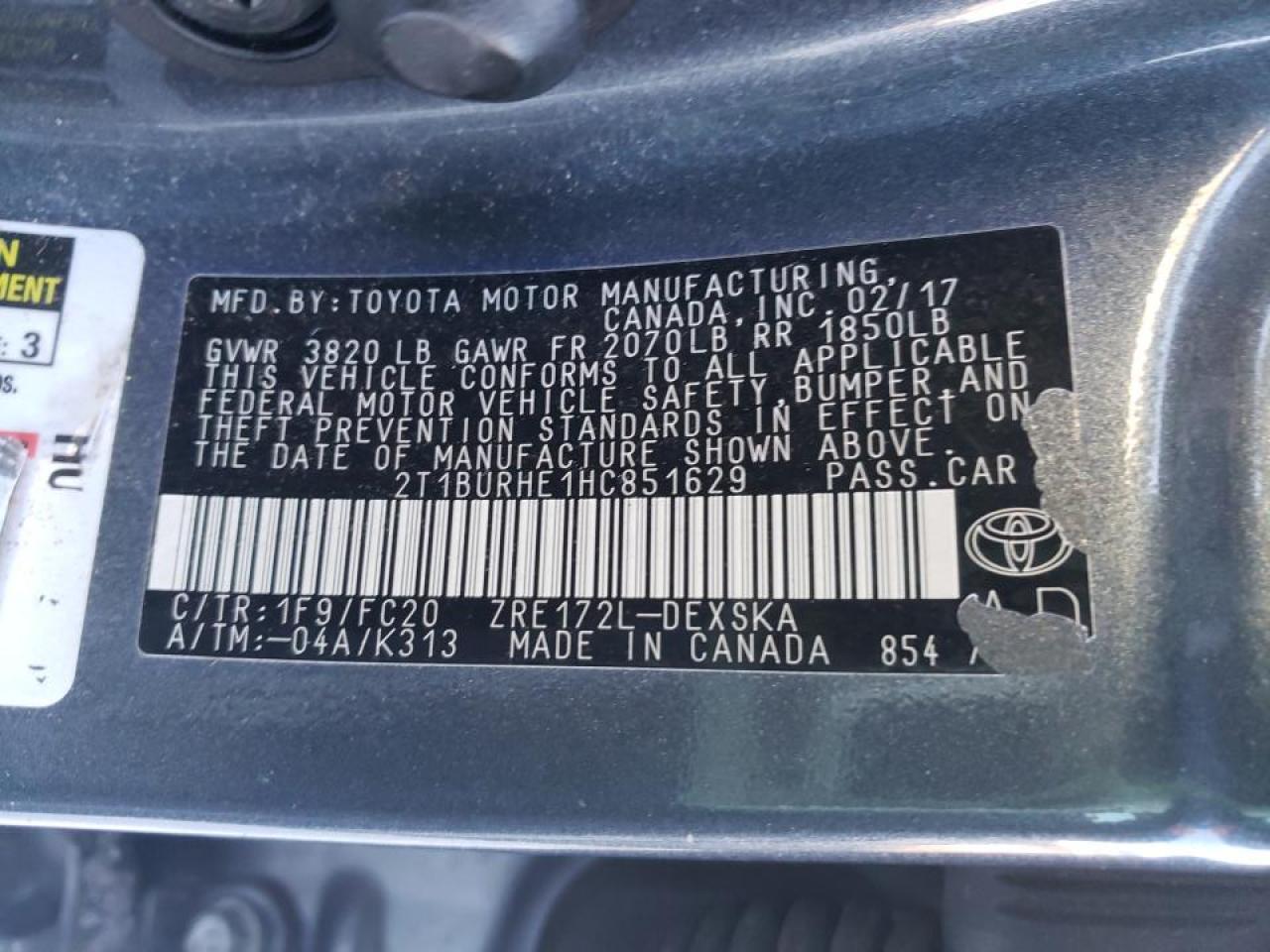 Photo 10 from auction – 2017 TOYOTA COROLLA with VIN 2T1BURHE1HC851629