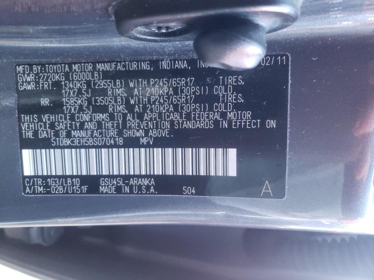 Photo 10 from auction – 2011 TOYOTA HIGHLANDER with VIN 5TDBK3EH5BS070418
