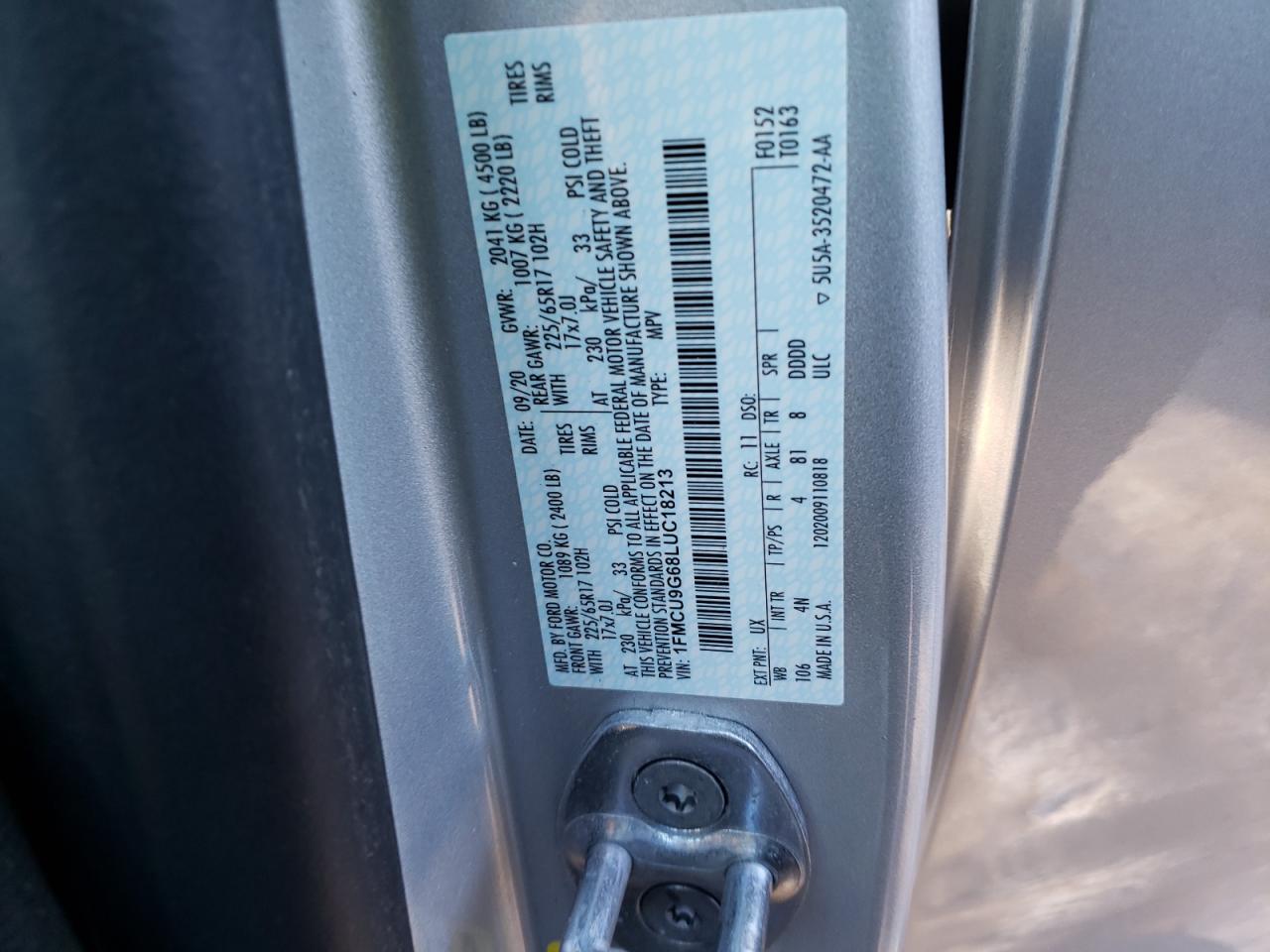 Photo 10 from auction – 2020 FORD ESCAPE SE with VIN 1FMCU9G68LUC18213